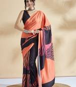 Orange printed crepe casual saree with blouse piece