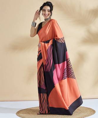 Orange printed crepe casual saree with blouse piece 2