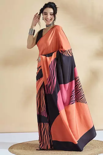 Orange printed crepe casual saree with blouse piece