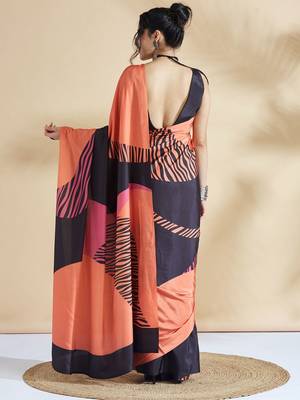 Orange printed crepe casual saree with blouse piece 3