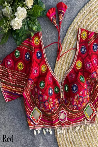 Women's red real mirror work navratri blouse | heavy beads embroidered italian silk choli