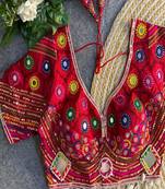 Women's red real mirror work navratri blouse | heavy beads embroidered italian silk choli