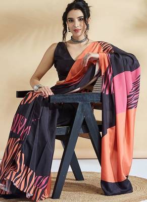Orange printed crepe casual saree with blouse piece 4