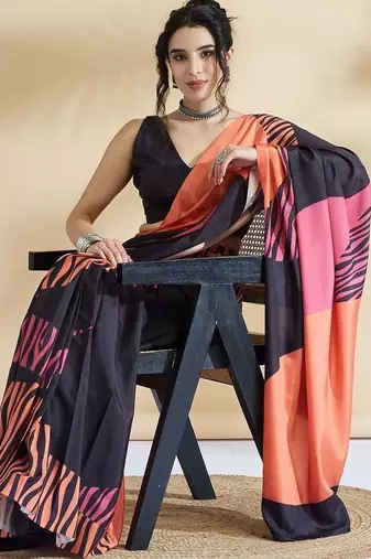 Orange printed crepe casual saree with blouse piece
