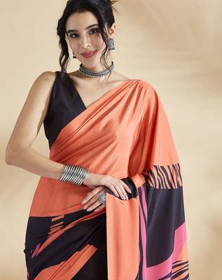 Orange printed crepe casual saree with blouse piece 5