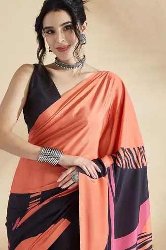 Orange printed crepe casual saree with blouse piece