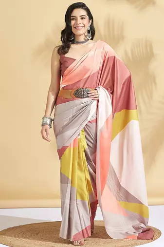 Cream printed crepe casual saree with blouse piece