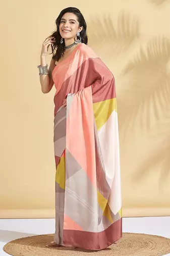 Cream printed crepe casual saree with blouse piece