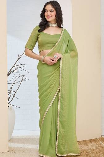 Lime green plain silk blend party wear saree with blouse piece