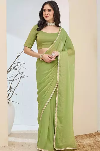 Lime green plain silk blend party wear saree with blouse piece