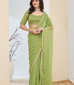 Lime green plain silk blend party wear saree with blouse piece