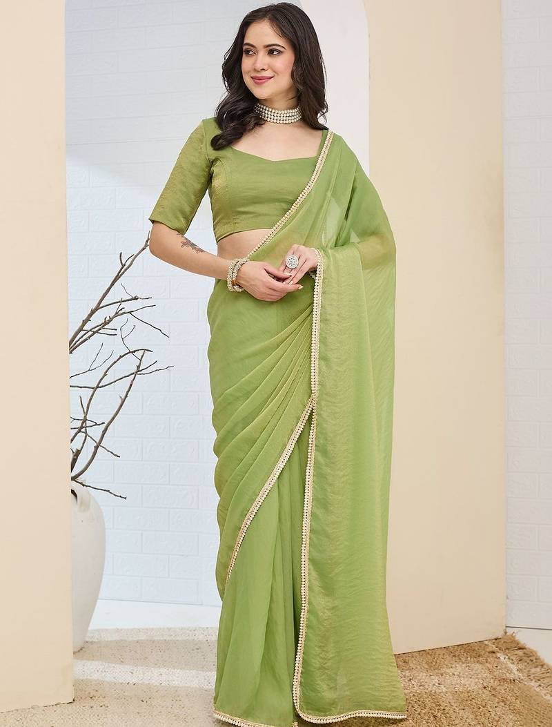 Lime green plain silk blend party wear saree with blouse piece