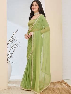 Lime green plain silk blend party wear saree with blouse piece 2