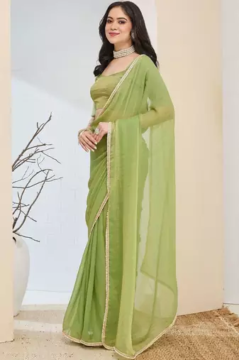 Lime green plain silk blend party wear saree with blouse piece