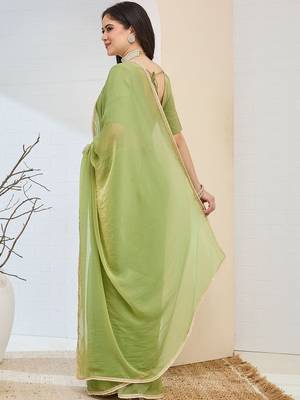 Lime green plain silk blend party wear saree with blouse piece 3