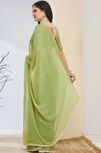 Lime green plain silk blend party wear saree with blouse piece