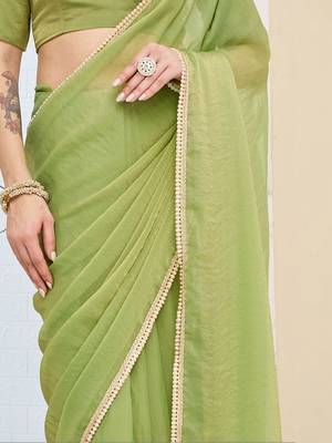Lime green plain silk blend party wear saree with blouse piece 5