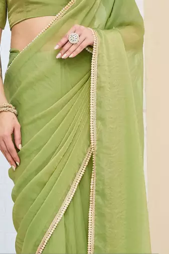 Lime green plain silk blend party wear saree with blouse piece