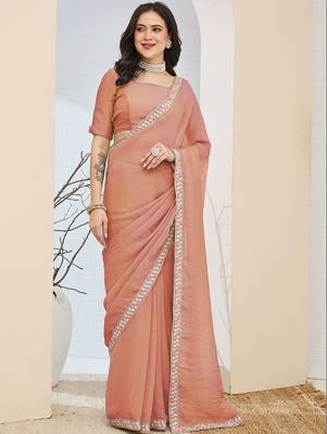 Peach plain silk blend party wear saree with blouse piece 1
