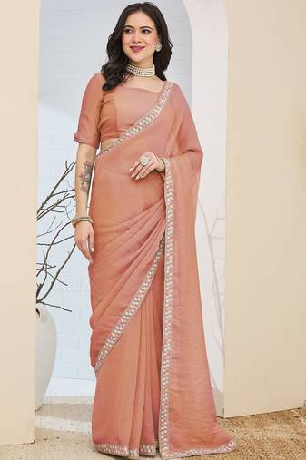 Peach plain silk blend party wear saree with blouse piece