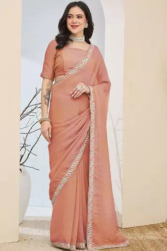 Peach plain silk blend party wear saree with blouse piece