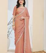 Peach plain silk blend party wear saree with blouse piece