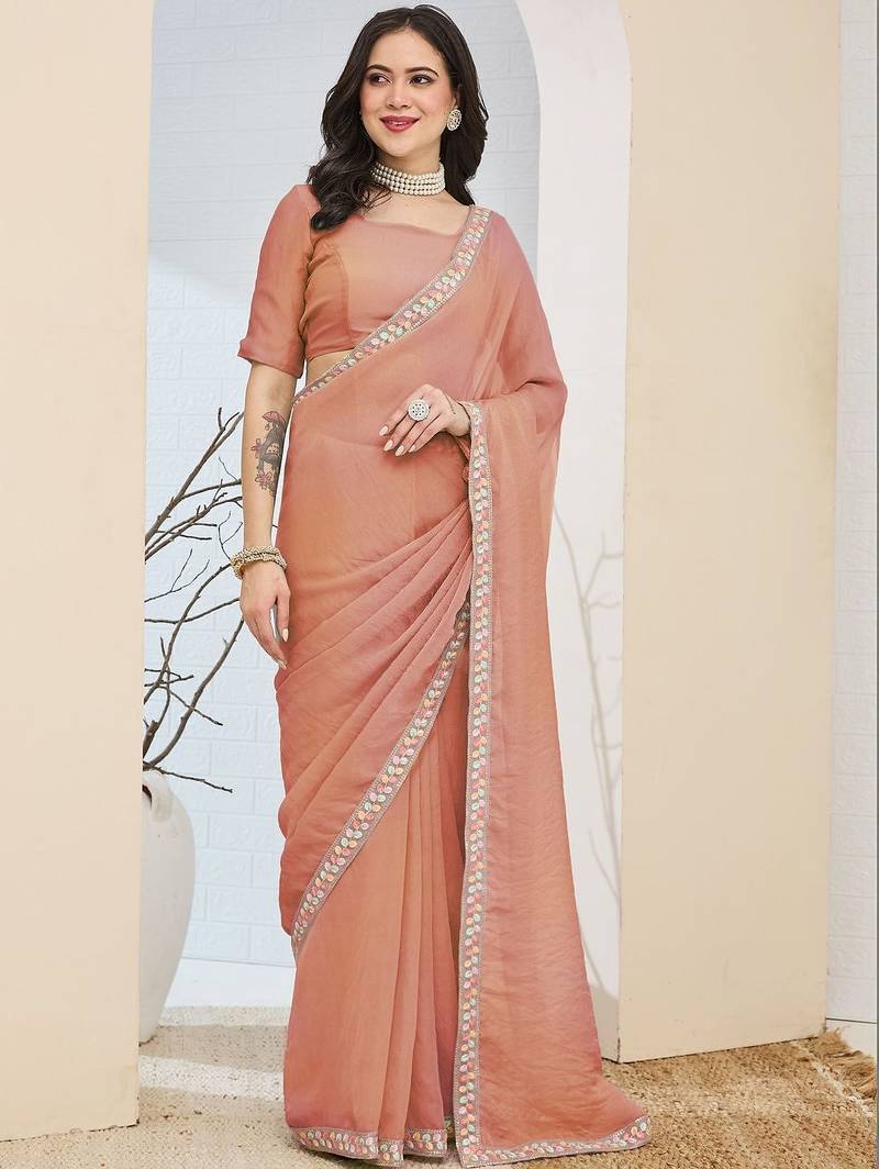 Peach plain silk blend party wear saree with blouse piece