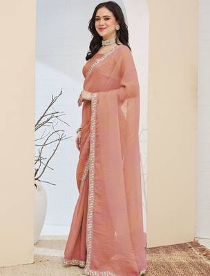 Peach plain silk blend party wear saree with blouse piece 2