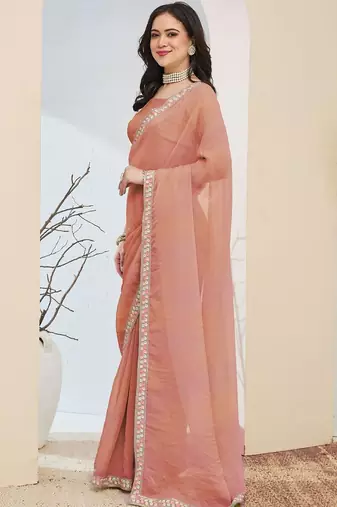 Peach plain silk blend party wear saree with blouse piece
