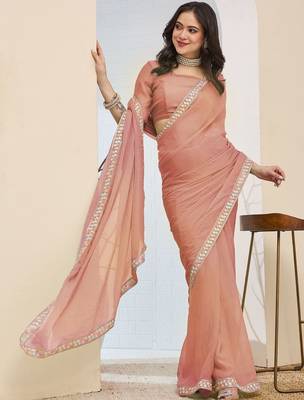 Peach plain silk blend party wear saree with blouse piece 3