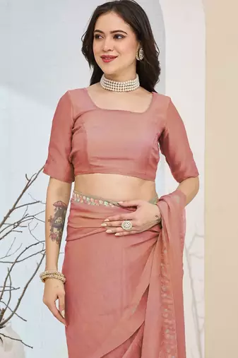 Peach plain silk blend party wear saree with blouse piece