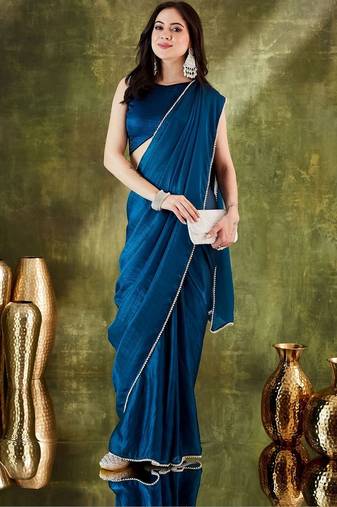 Teal plain organza party wear saree with blouse piece