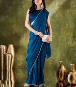 Teal plain organza party wear saree with blouse piece