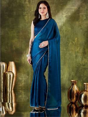 Teal plain organza party wear saree with blouse piece 2