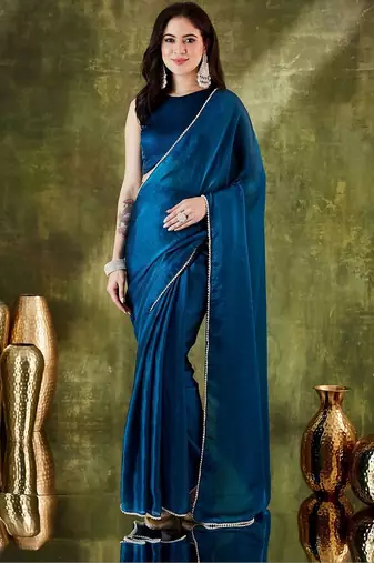 Teal plain organza party wear saree with blouse piece