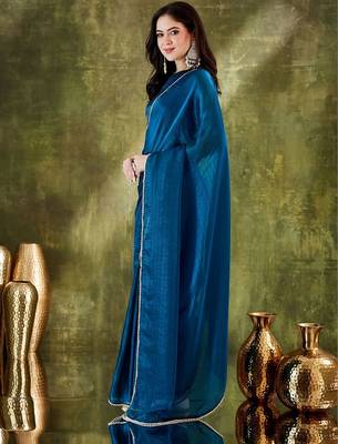 Teal plain organza party wear saree with blouse piece 3