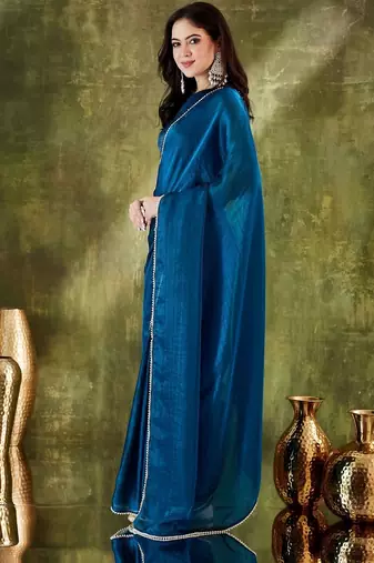 Teal plain organza party wear saree with blouse piece