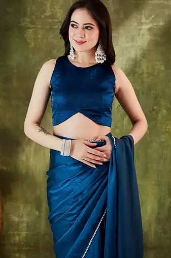 Teal plain organza party wear saree with blouse piece