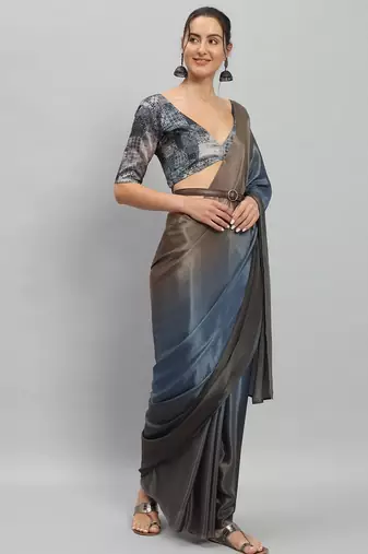 Blue plain satin designer saree with blouse piece