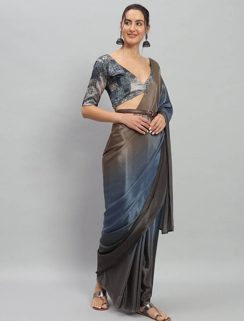 Blue plain satin designer saree with blouse piece