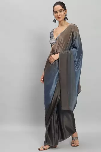 Blue plain satin designer saree with blouse piece