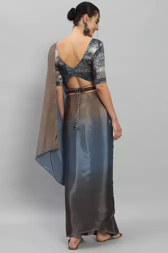 Blue plain satin designer saree with blouse piece