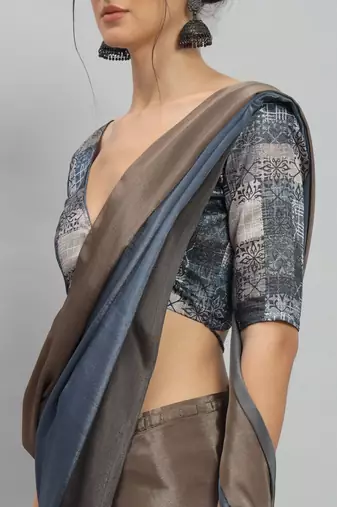 Blue plain satin designer saree with blouse piece