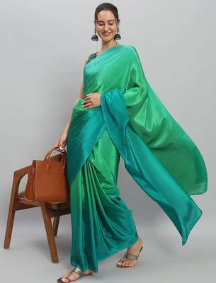 Green plain satin designer saree with blouse piece 1