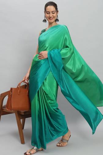 Green plain satin designer saree with blouse piece