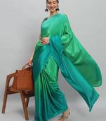 Green plain satin designer saree with blouse piece