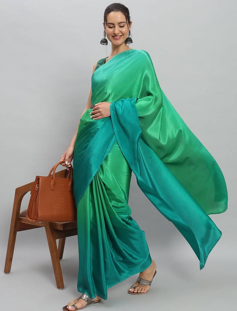 Green plain satin designer saree with blouse piece
