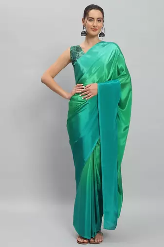 Green plain satin designer saree with blouse piece