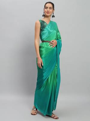 Green plain satin designer saree with blouse piece 3