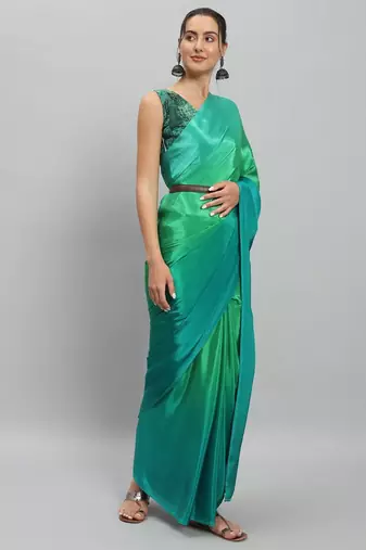 Green plain satin designer saree with blouse piece